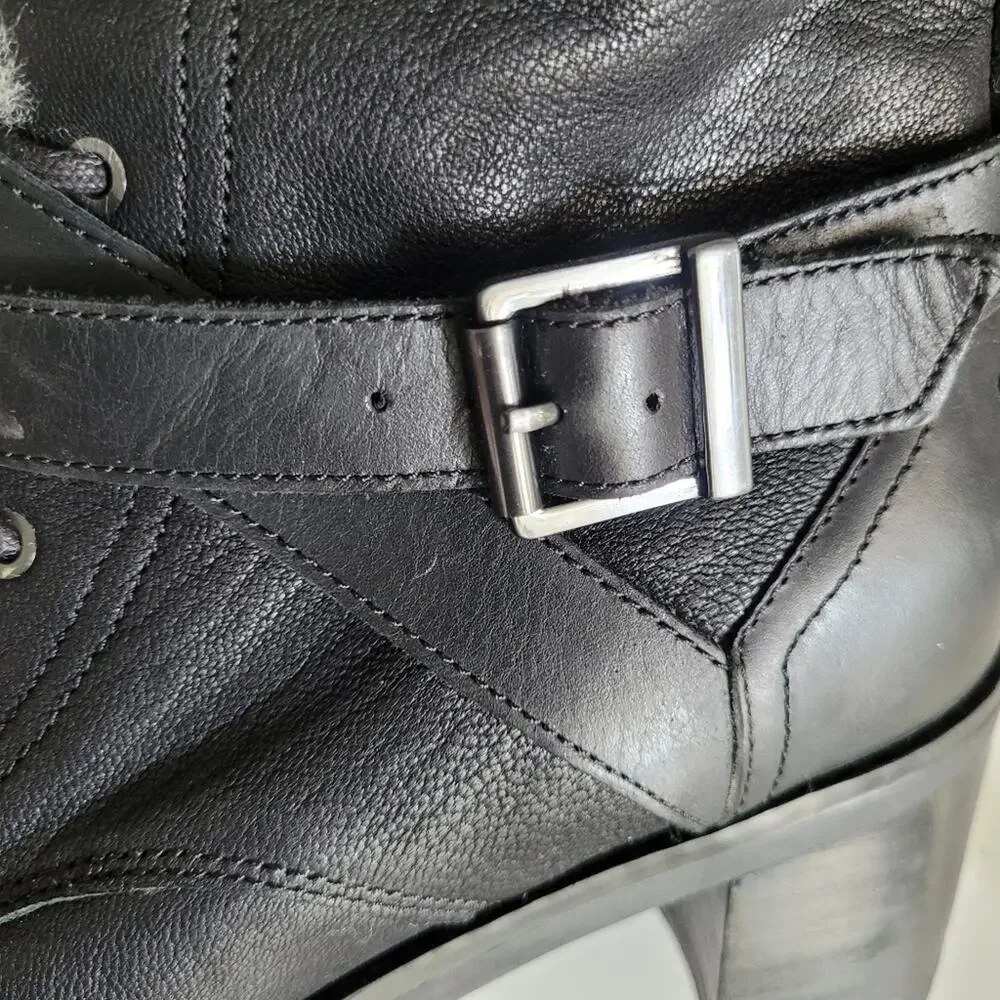 UGG Ingrid Black Leather Shearling Lug Sole Moto Combat Boots Size 7